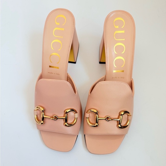 Gucci Rose Pink leather Baby Horsebit block heel 70mm open toe mules EU 41.5 - Picture 2 of 10